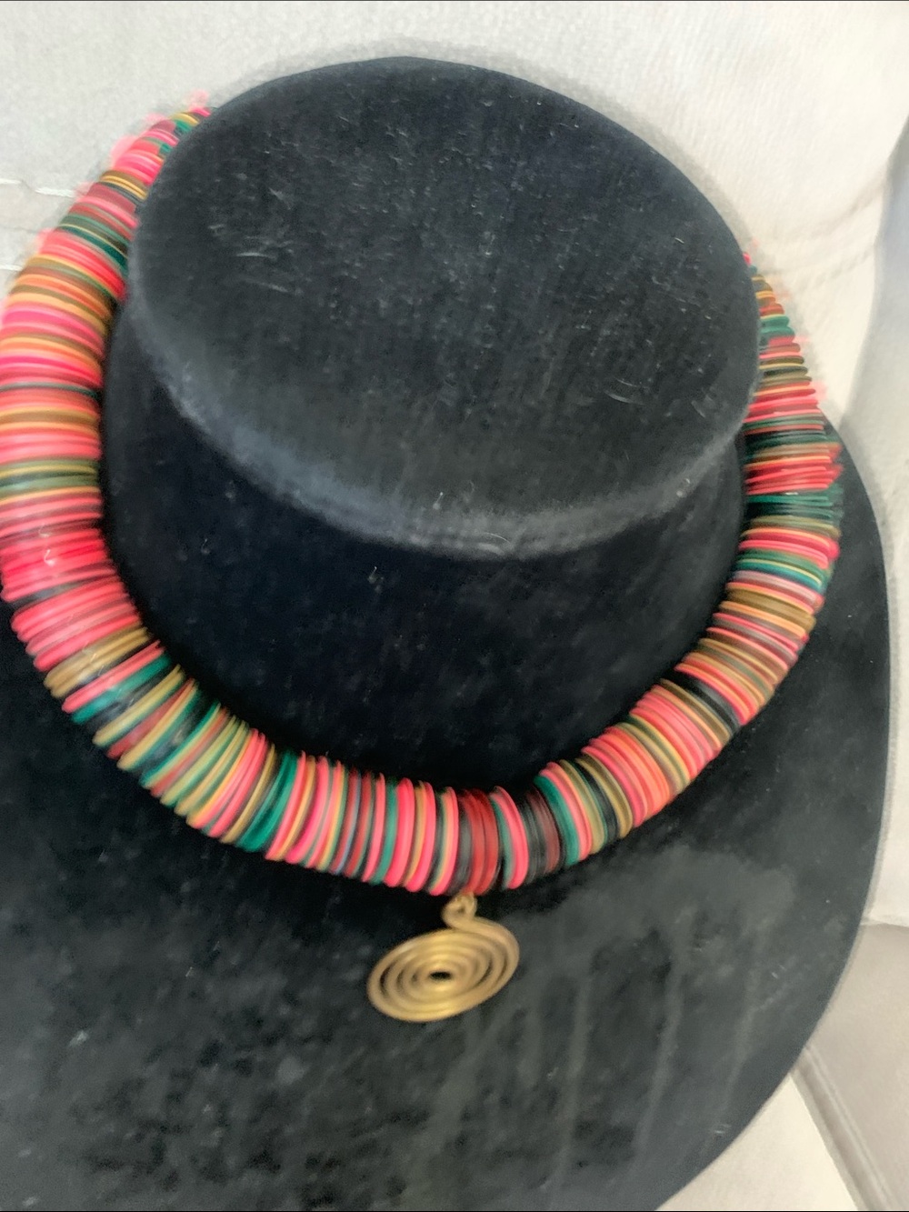 Multicolor Disc Necklace with Brass Spiral Pendant